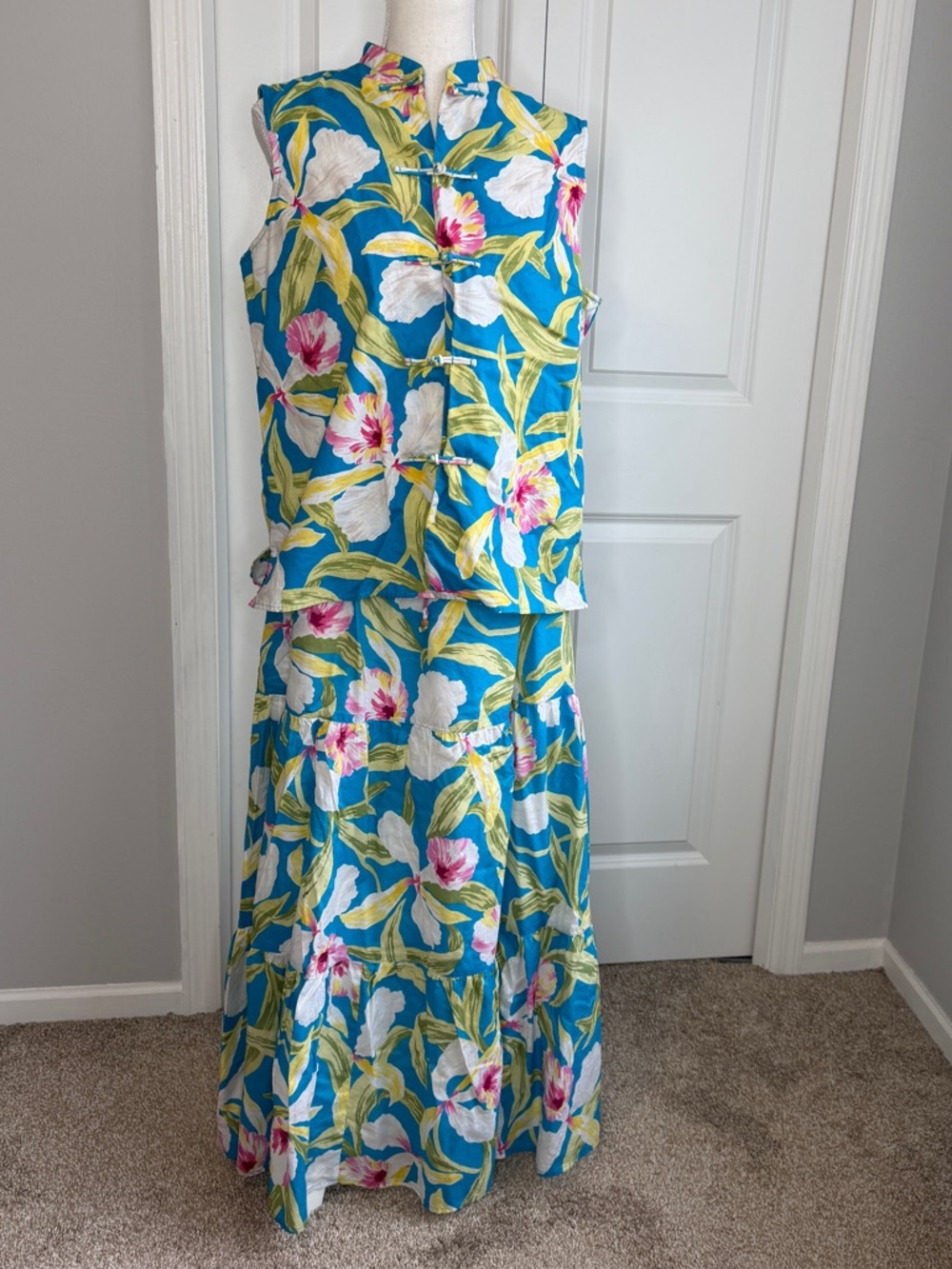 Lauren Ralph Lauren Vintage Tropical Top Maxi Skirt Set Large Turquoise Pink